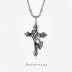 Timeless Classic Stainless Steel Praying Hands Cross Necklace, Waterproof & Color Retaining Silver Tone, Unisex Religious Jewelry for All Occasions, Modern Versatile Accessory & Perfect Gift for Him & Her