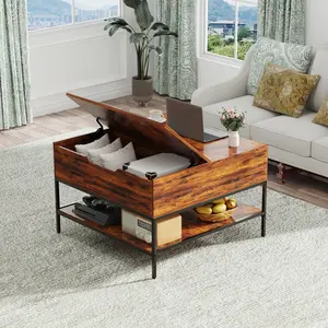 31.5" Flip Top Coffee Table with Hidden Storage, Square Wood Central Table for Living Room, Small Space Saving Furniture w/ Open Shelves, Industrial Decorative Tea Table