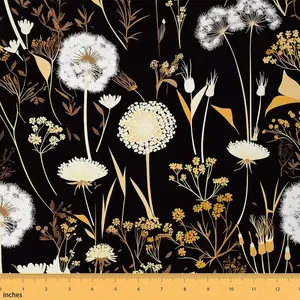 Dandelion Fabric by The Yard,Floral Botanical Decorative Waterproof Fabric,Garden Flower Upholstery Fabric,Natural Theme Black DIY Reupholstery Fabric, Floral Pattern