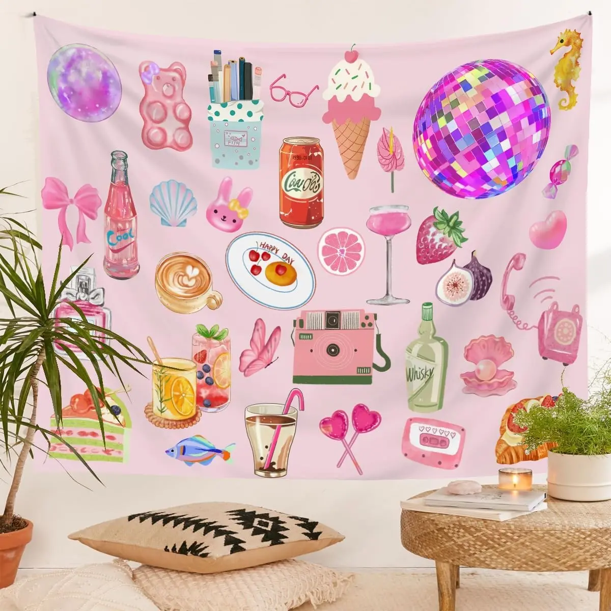 Pink Tapestry Wall Hanging Small Cute Wall Tapestry for Bedroom Aesthetic Room Decor Collage Posters for Bedroom Elegant Vintage Good Vibes Tapestries Kawaii Girls Room Decor Wall Art 36 x 48 Inches
