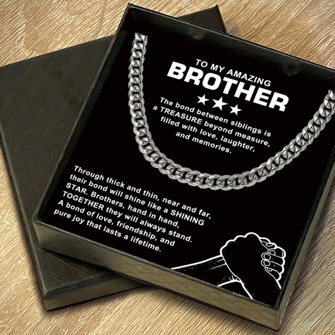 Men's Chain Necklace & Gift Card & Gift Box, 1 Set Fashion Style Stainless Steel Necklace, Domineering Hip-hop Punk Rock Chain Gift for Brother Friends, Cuban Link Chain, Cuban Link Design
