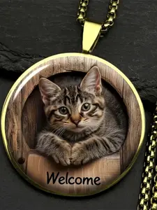 Cute Tabby Cat in Barrel Pendant Necklace - Zinc Alloy Glass Dome, 'Welcome' Themed Pet Lover Jewelry, Perfect Gift for Cat Owners & Animal Enthusiasts, Ideal for Daily Wear & Pet-Themed Events