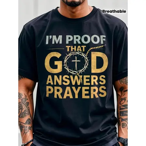 Men's Christian T-Shirt "I Am God's Response to Prayer" with Crown & Cross Design - Golden Lettering, Ultra-Soft Breathable Fabric, White/Black Round Neck Short Sleeve Shirt for Church, Easter, Christmas - Religious Apparel for Prayer Meetings