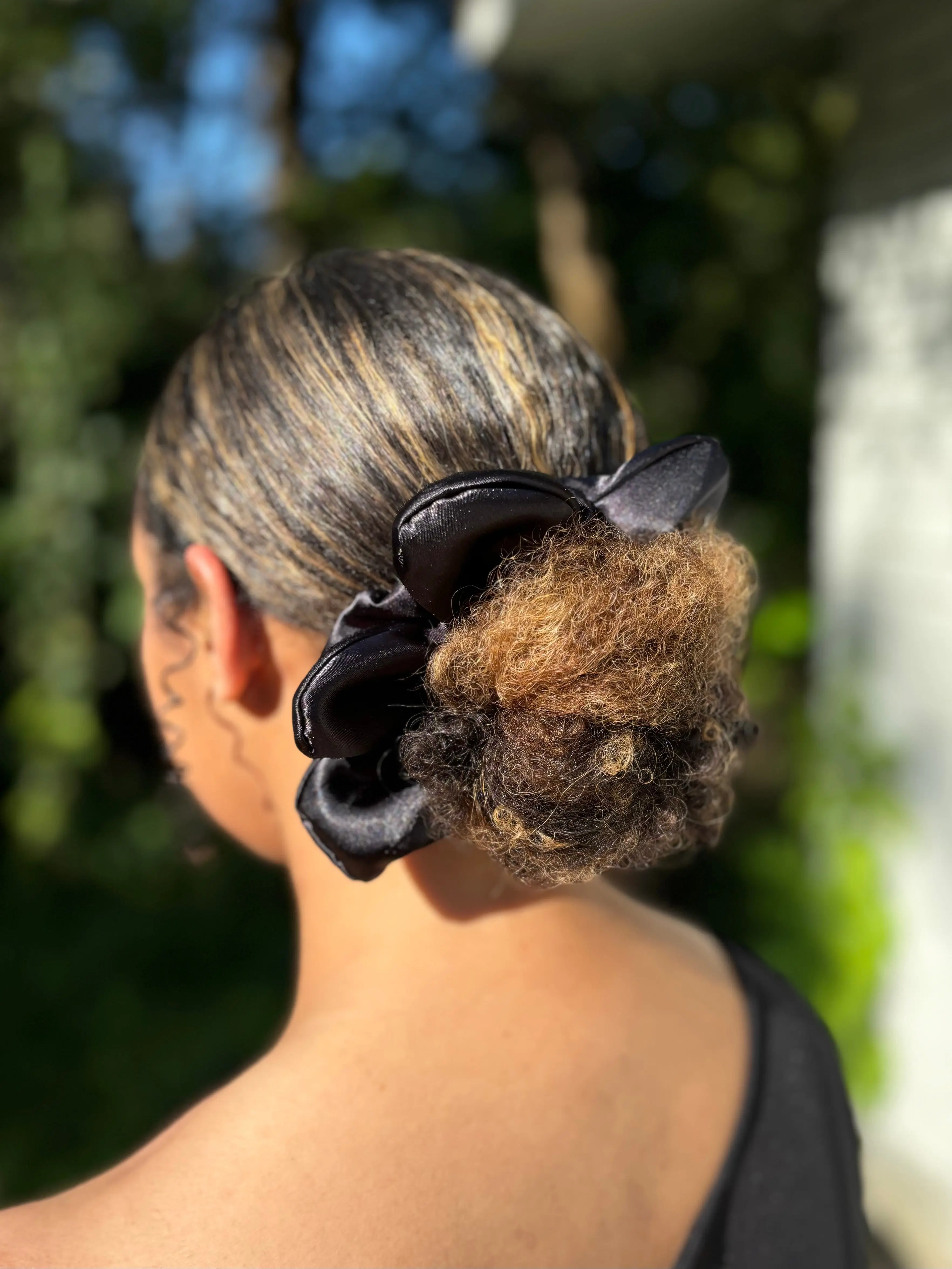 Black Satin Flower Scrunchie - Handcrafted & Sustainable Hair Accessory for Women's Fashionable Hair Styling