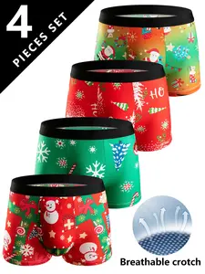 Men's Christmas Print Boxer Shorts, Breathable Elastic Long Briefs, Sporty Casual Daily Wear, Pack of 4, Comfortable Holiday Underwear