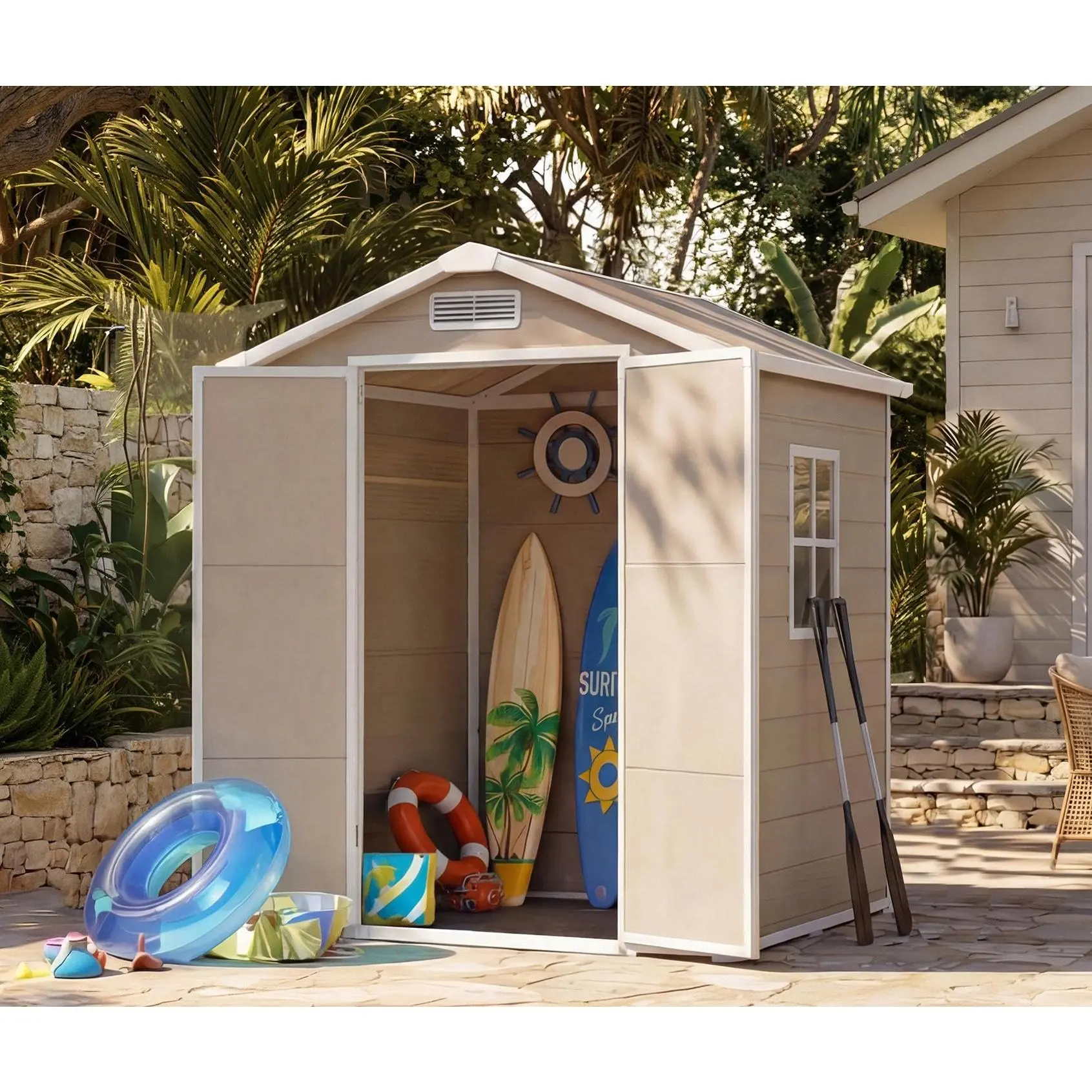 6x4 ft Outdoor Storage Shed with Floor, Plastic Resin Garden Shed with Window & Lockable Door, Tool Shed for Patio, Backyard, Lawn Mower, Bike Storage Light brown