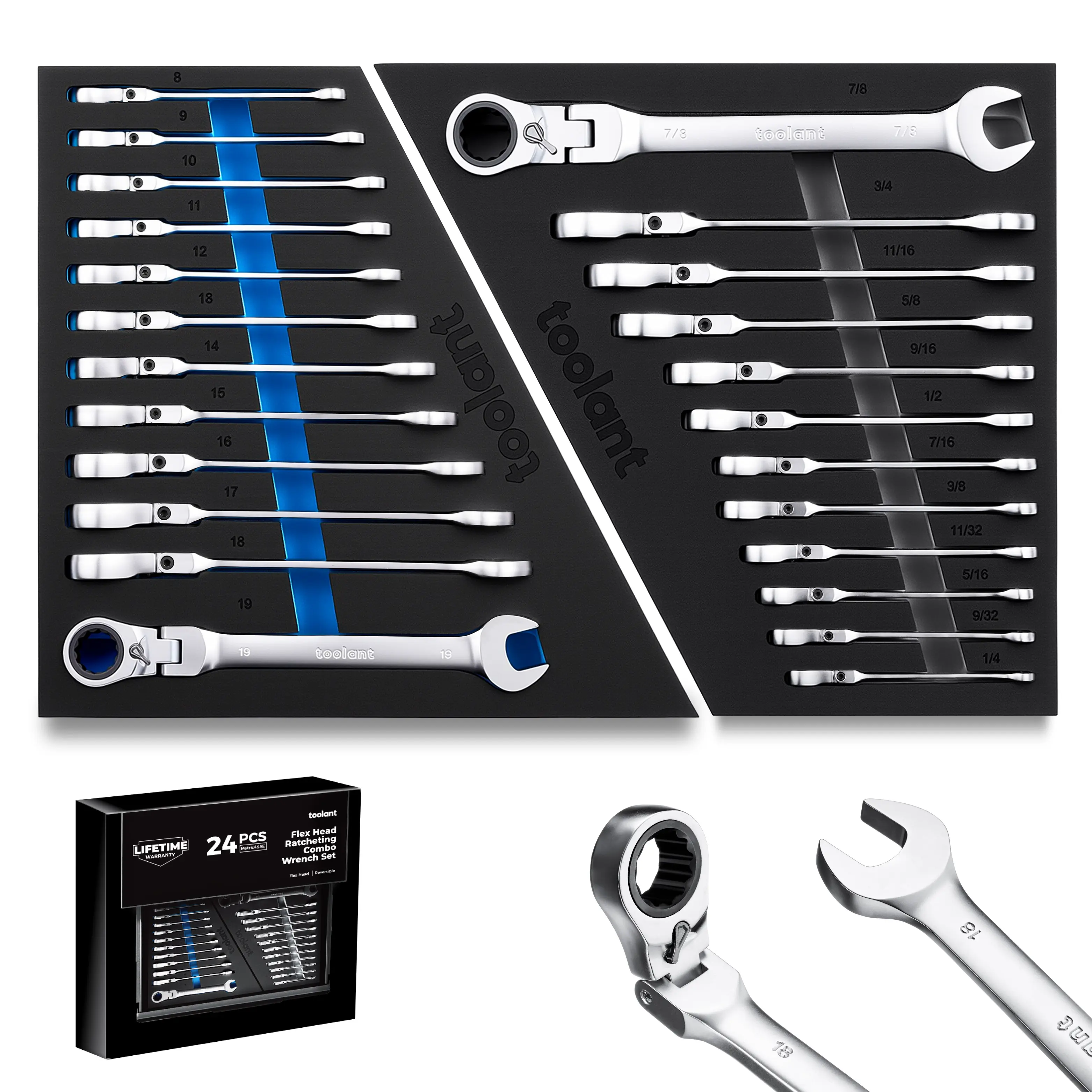 toolant 24pcs Ratcheting Wrench Set, Flex-Head Ratchet Combination Wrench Sets with Switch Design, 8-19mm & 1/4"-7/8", 90-Tooth and 4° Swing, 24PCS with Storage Tray,father'sdaygifts