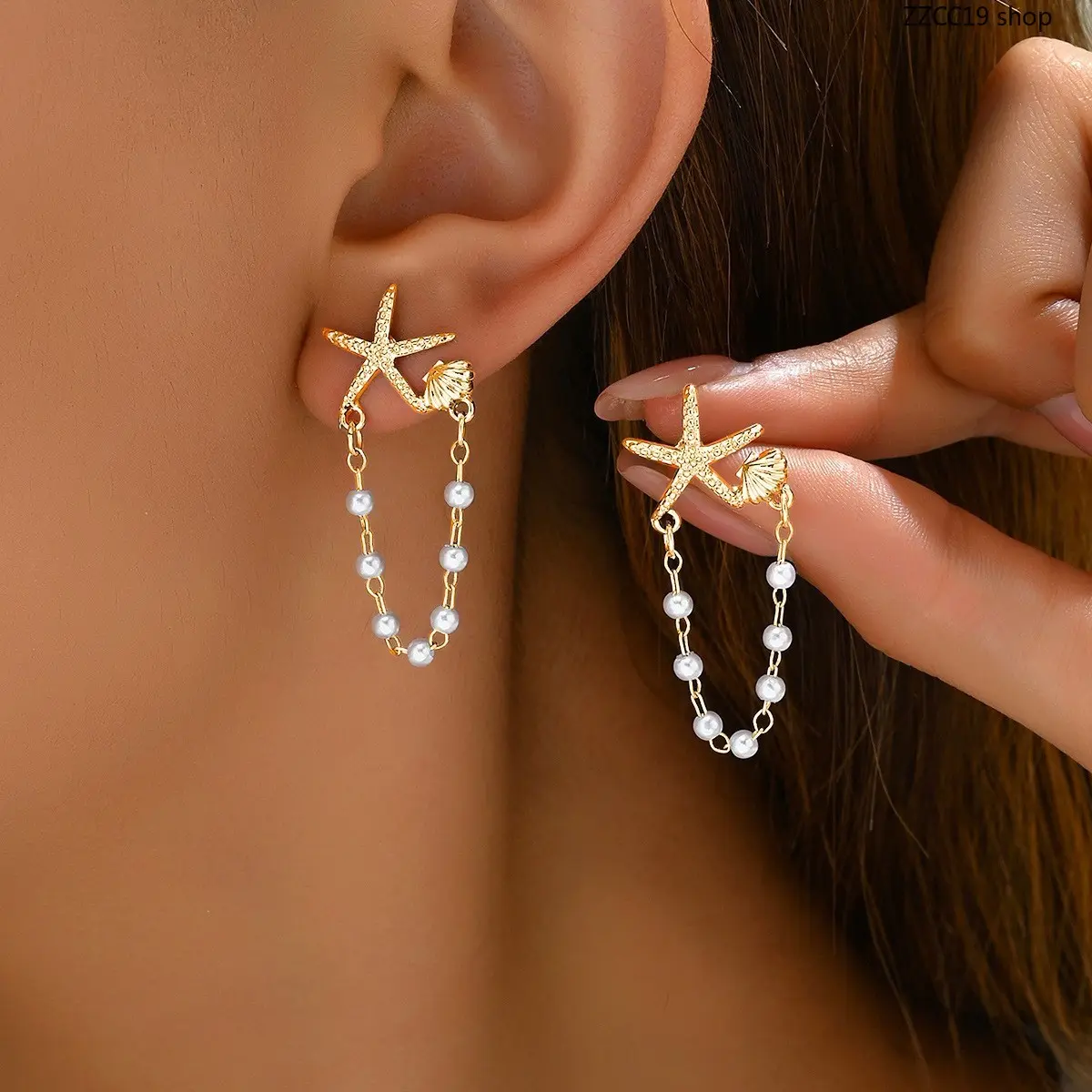 Women's Gold-Silver Rhinestone Starfish Shell Pearl Chain Dangle Earrings - Ocean Themed Coastal Resort Style Shell Decoration Vacation Costume Jewelry, Ocean Themed Earrings