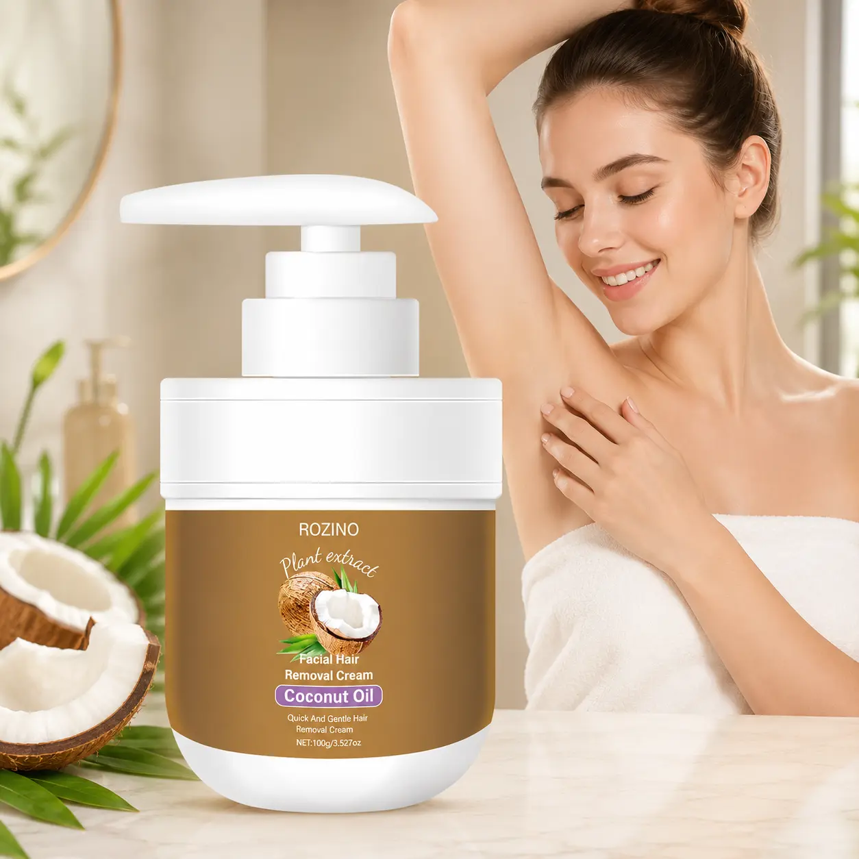 ROZINO Facial Hair Removal Cream with Coconut Oil, Depilatory Cream for Women & Men, Smooth Skin Hair Remover for Upper Lip, Chin, Cheeks, Arms, Legs and Body, Easy to Apply, Creamy Non-Sticky Formula