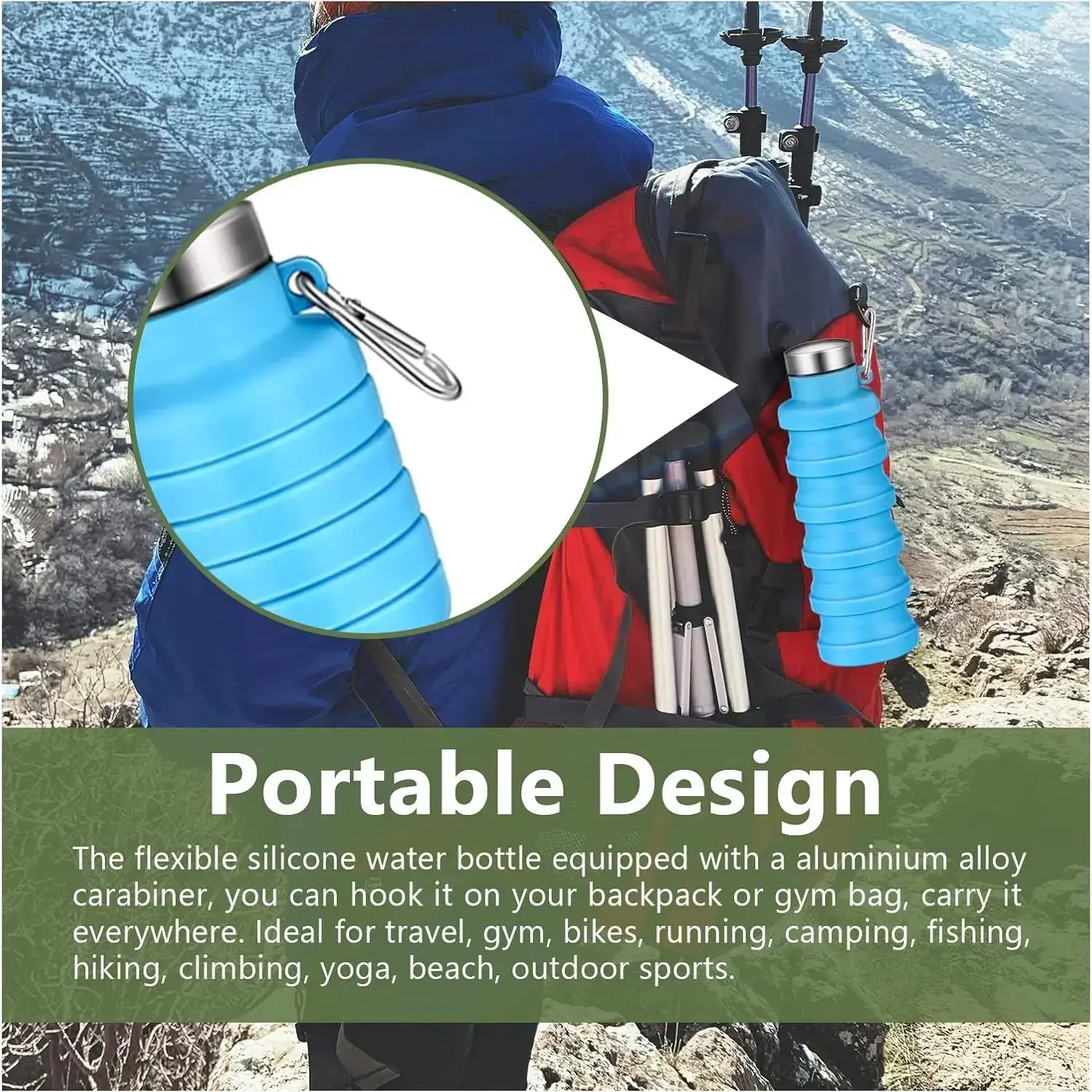 Foldable silicone travel water bottle, lightweight and foldable design, waterproof and leak proof, reusable, is an ideal choice for camping, hiking, cycling, and sports drink bottlesRAIMENTRY Foldable silicone travel water bottle, lightweight and foldable design, waterproof and leak proof, reusable, is an ideal choice for camping, hiking, cycling, and sports drink bottlesRAIMENTRY