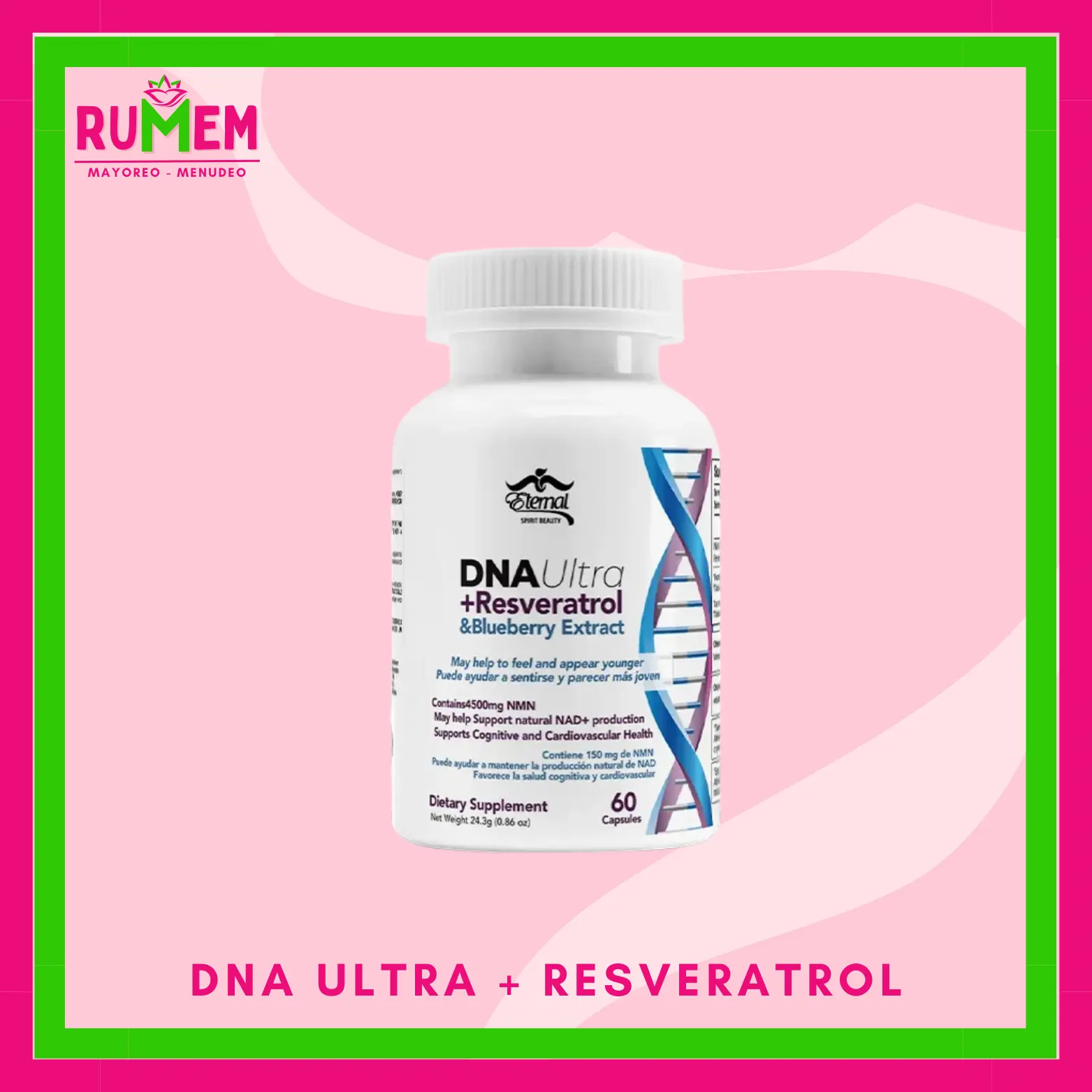 Eternal Spirit Beauty DNA Ultra + Resveratrol & Blueberry Extract 60 Capsules - NMN 450mg for Cellular Energy & Cognitive Health