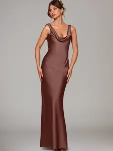 Azazie Rylina Cowl Neck Open Back Fitted Mermaid  Evening Event Wedding Stretch Satin Dress Floor Length Sleeveless Side Zip Bow Tie Back Formal Wear SpringStatements