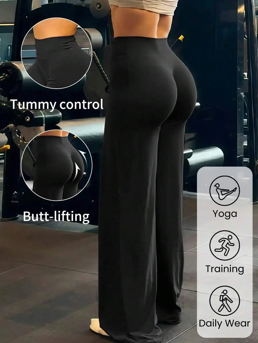 TCVC Women's Casual Black Wide Leg Pants, Comfortable And Slimming, Suitable For Running, Fitness And Various Yoga Activities. Women's Wide Leg Pants Sports Set, Flared Pants, Yoga Pants, Sportswear, Fitness Gym Clothing, Elastic Outdoor