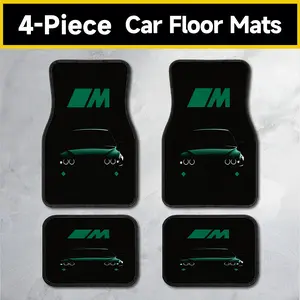 4-Piece Black Sporty Green Letter Logo Car Floor Mats, Racing Style Quad Exhaust Car Silhouette Floor Liners, All-Weather Non-Slip Universal Fit for Most Cars, Trucks, SUVs & Vans, Stylish Automotive Interior Accessories for Men, Stain-Resistant, design