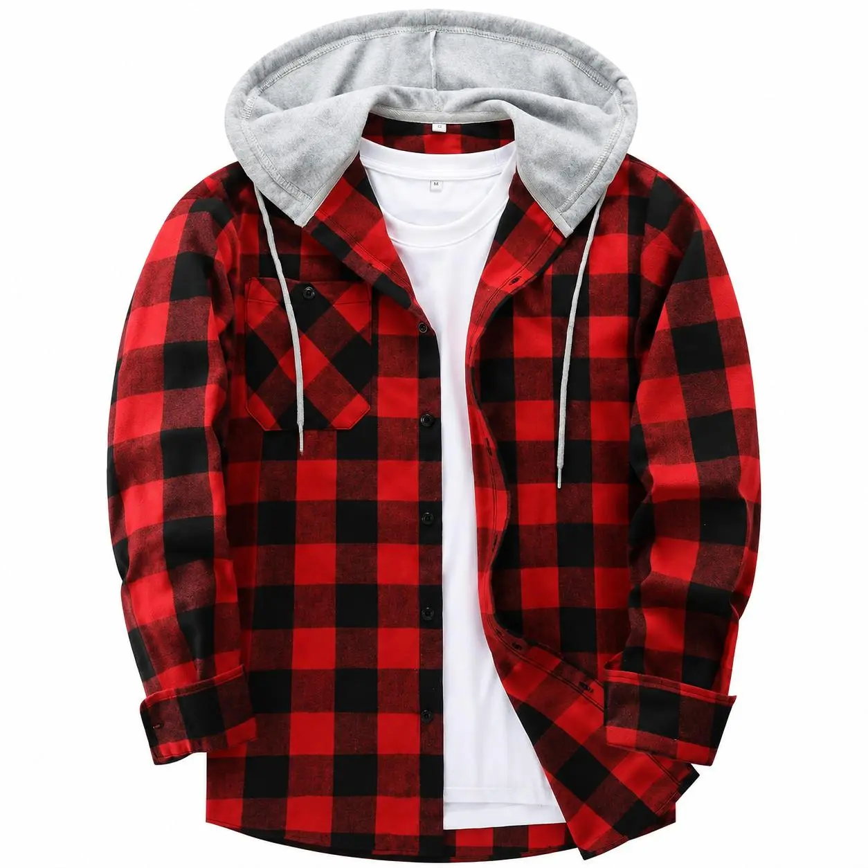 ZITY Men's Plus Size M-6XL Checked Flannel Hooded Long Sleeve Shirt-Jacket - Buttons Front, Drawstring Hood, Pockets, Soft Casual Men's Clothing for Streetwear, Thanksgiving, Easter,sohochic