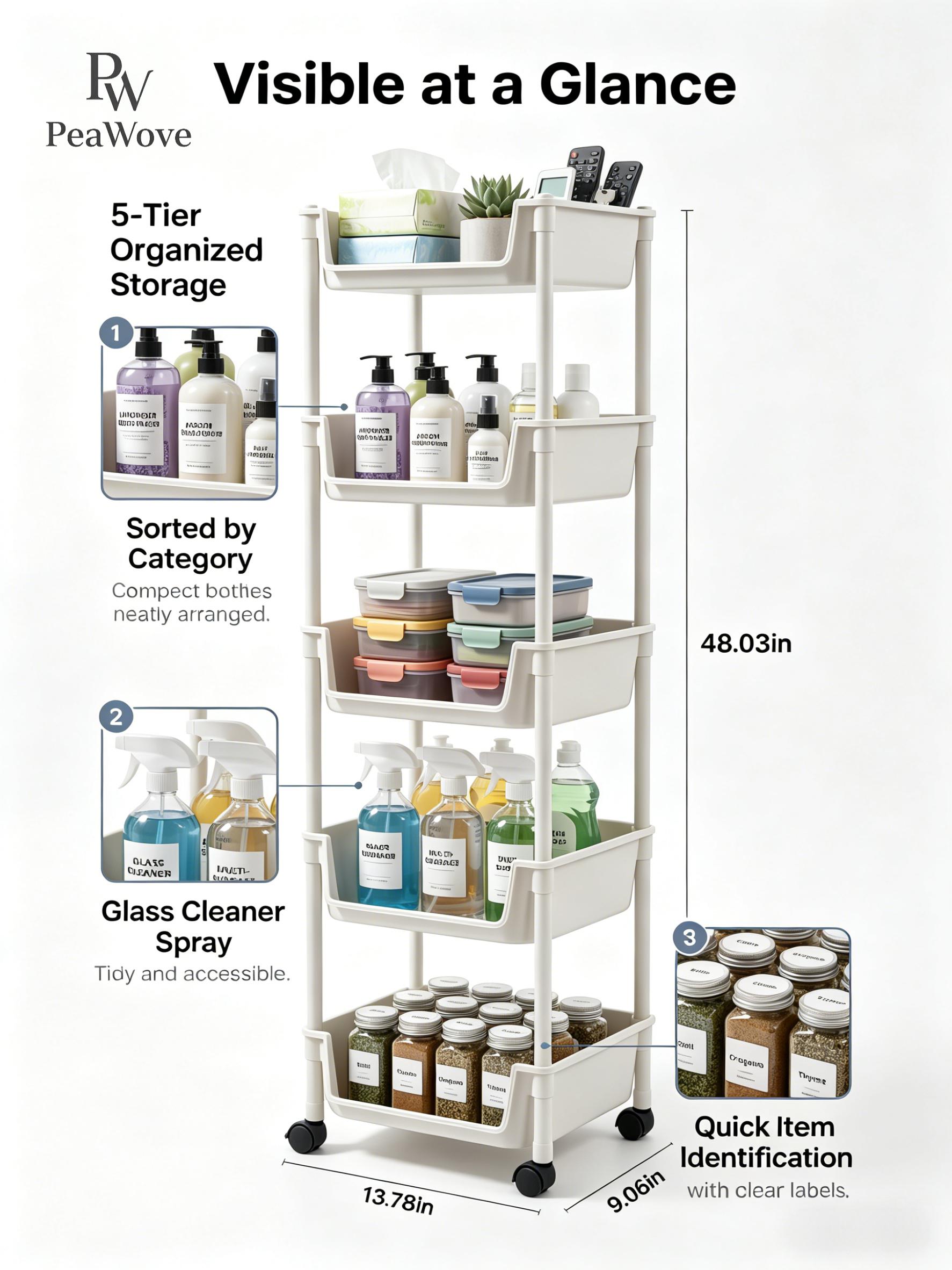 PeaWove Multifunctional Multi-Layer Plastic Storage Cartwith Wheels, Layered Shelf Organizer for BedroomKitchen Bathroom Living Room, AdjustableStanding Shelf Suction Cup Sponge Holder for Kitchen Sink semiannual sale 2026 easy install kit glove clip cas