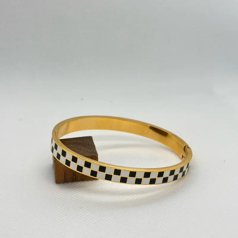 Checkered Black and White Bracelet - Gold Finish with Black and White Checkered Pattern