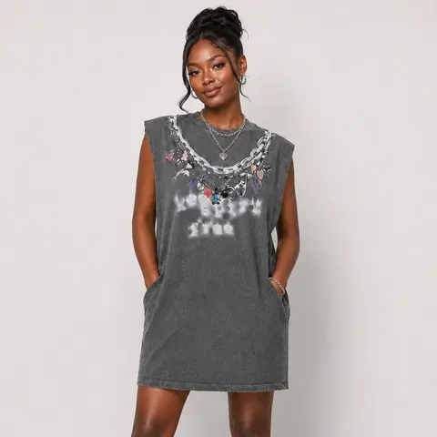 URBAN REVIVO Lady's 100% Breathable Cotton Sleeveless Oversized Straight-Fit Fashion Casual Mini T-Shirt Dress - Pockets, Comfortable Fabric, Trendy Casual Wear