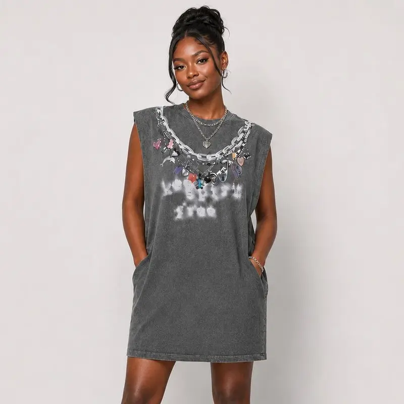 URBAN REVIVO Lady's 100% Breathable Cotton Sleeveless Oversized Straight-Fit Fashion Casual Mini T-Shirt Dress - Pockets, Comfortable Fabric, Trendy Casual Wear