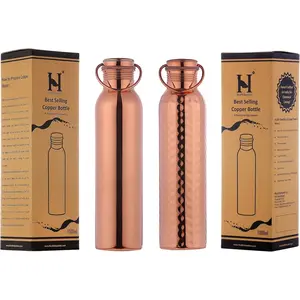 Set of Plain and Hammered Copper Bottle with Handle, 1000 Ml (33.81 Fl Oz) UNLINED, UNCOATED and LACQURED-FREE for Ayurveda Health Benefits