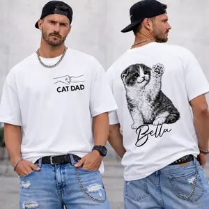 Custom Cat, Dog Dad Shirt Unisex T Shirt Personalized Pet Photo Name Front Back Graphic Tee Vintage Retro Kitten Meow Owner Clothes Top New Father Husband Stepdad Grandpa Papa Born Fluffy Day Gifts