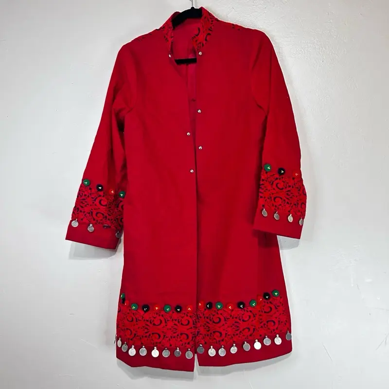 Women's Bright Red Afghan Coat with Red Lacing Detail, Elegant Formal Party Wear