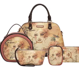 Women's 5-Piece Polyester Tote, Crossbody Pouch, Coinpurse & Wallet Set - Foldable, Reusable, Floral Print, Compact, Versatile for Everyday Essential Items, Practical Gift