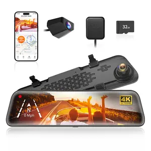 【FathersDayGift】 WOLFBOX G840S 12" Smart Rearview Mirror for Cars & Trucks,Backup Camera,4K DashCam with 5.8GHz WiFi,Front and Rear View Dual Cameras, Night Vision, Parking Assistance, Included 32GB Card & GPS