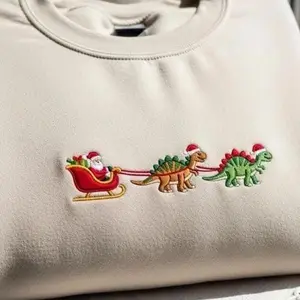 Funny Christmas Santa Dinosaur Embroidered Sweatshirt - Holiday Xmas Crewneck - Dino Lover Gift - Trendy Winter Apparel