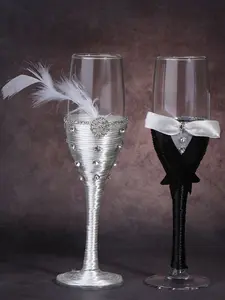 2-Piece Set of Romantic Wedding Champagne Glasses, Premium Drinking Glasses, Available in Various Designs such as Lace, Bows, Toasting Glasses for Newlyweds, Reusable Transparent Glasses, Suitable for Weddings, Bridal Showers, Wedding Decorations