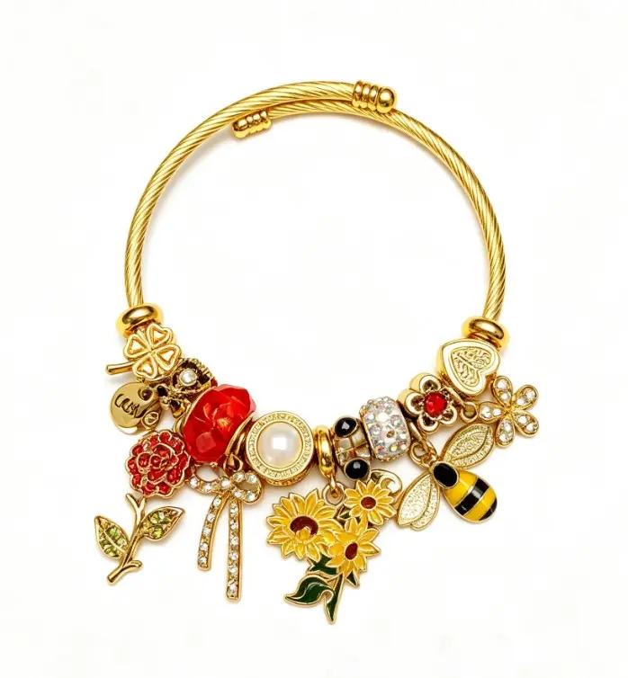Women's Dainty Floral Enamel Adjustable Gold-Twisted Wire Cuff Bracelet - Sunflower, Bee, Rose, 4-Leaf Clover, Crystal, Pearl Charms - Birthday, Holiday Costume Jewelry Gift