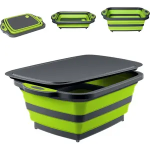 BBQ Prep Tub with Lid, 3-IN-1 Sturdy Collapsible Cutting Board with Colander, Food Grade Portable Silicone Dish Tub for Dish Basin, Picnic, Tailgate and Camping, Kitchen