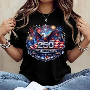 American Eagle Fireworks 250 United States Of America 1776 2026 Print T Shirt White Short Sleeve Casual Top For Independence Day Celebration