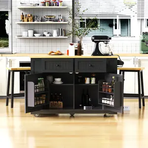 ARCH 48inch Kitchen Island with 2 Bar Stools, Power Outlet, Internal Storage Rack, Kitchen Storage Cart on 5 Wheels with Drop Leaf, 5 Open Side Racks, Drawers, Black (Old SKU N707S000015B)(Three Packages)