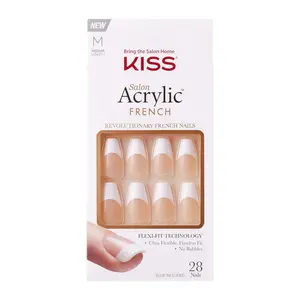 KISS Salon Acrylic French Nail Manicure Set KSA16, Medium Length, Square, “Je T'aime”, Nail Kit Includes Pink Gel Nail Glue (Net Wt. 2 g / 0.07oz.), Mini File, Manicure Stick, and 28 Fake Nails