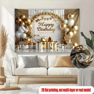 1pc 2D Flat Versatile Happy Birthday Banner with Golden & White Balloons and Big Bow - Perfect for Princess Parties, Bachelorette Celebrations & Photo Backdrops, Background, Photography Decorations