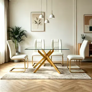 51.18 Inch Rectangular Tempered Glass Dining Table with Gold Metal Legs, Modern Kitchen Table for Dining Room, Clear Glass Top & Gold Frame diamond furniture crushed