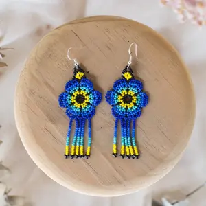 Blue Deer - Native Beaded Earrings in Deep Blue Tones - Handmade by Huichol Artisans - Mother Sierra