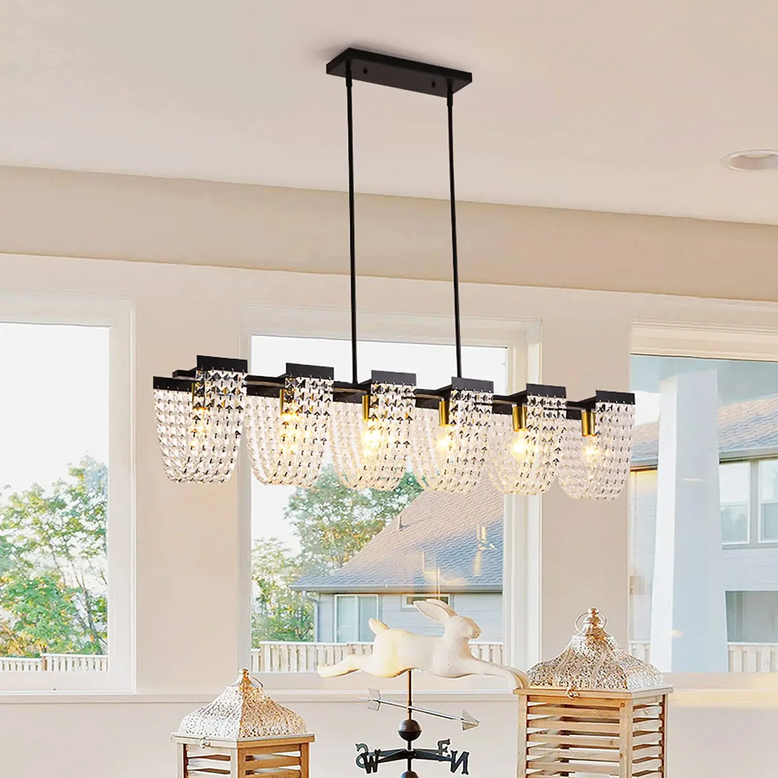 Garwarm 6 - Light Crystal Kitchen Island Linear Pendant Light, 3Color Adjustable, Ceiling Light for Living Room, Kictchen