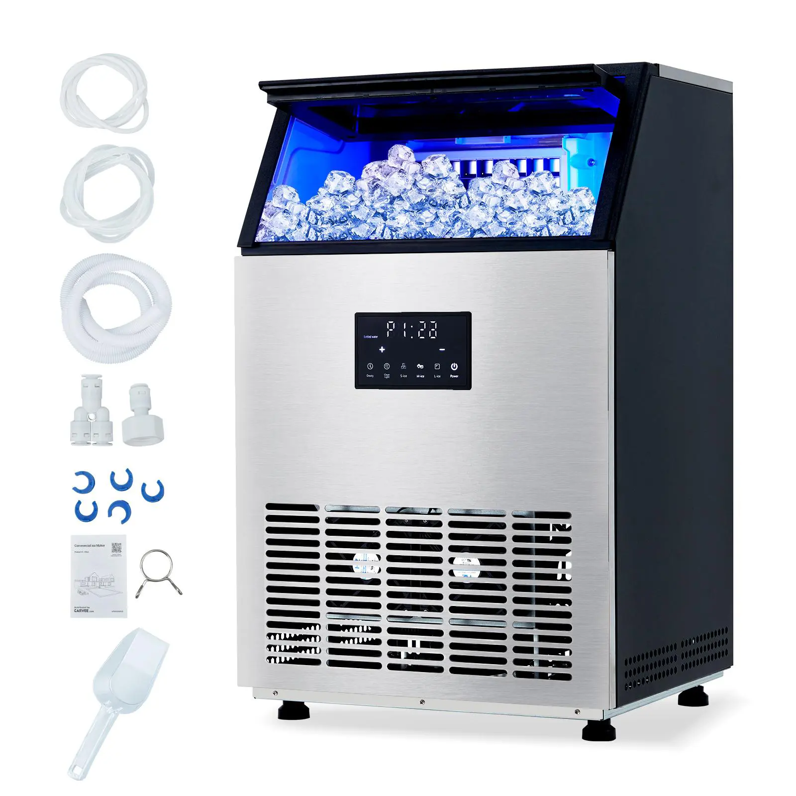 High-Capacity Stainless Steel Commercial Ice Maker Machine, Produces 150 Lbs Ice Per 24H with 40 Lbs Storage Bin, Built-in & Freestanding Available, Dual Water Inlet, Auto Self-Cleaning & 3 Selectable Ice Sizes for Home Bar, Café and Restaurant