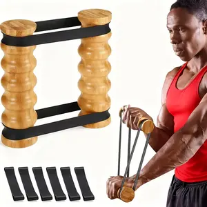 Set of 6 Rip Stick Chest Exercise Gear with Wooden Grips, Adjustable Resistance Bands for Shoulder Workouts And Resistance Training at Home