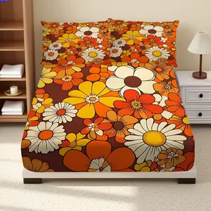 3pcs Retro 70s Vintage Floral Bloom Fitted Sheet Set with Daisies in Orange, Yellow, White & Brown - Soft Bedding for Home & Hotel Use, 1 Fitted Sheet & 2 Pillowcases, Machine Washable, Fits Standard Beds, Decorative Bedsheet Sets, Bedroom Decor