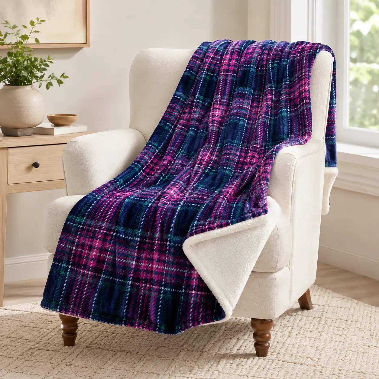 Classic Navy Blue and Pink Checkered Fleece Flannel Throw Blanket - Super Soft Lightweight, 1-Sided Print with White Reverse, Multi-Size Warm Cover for Adults, Indoor Use Room Decor Gift, Home