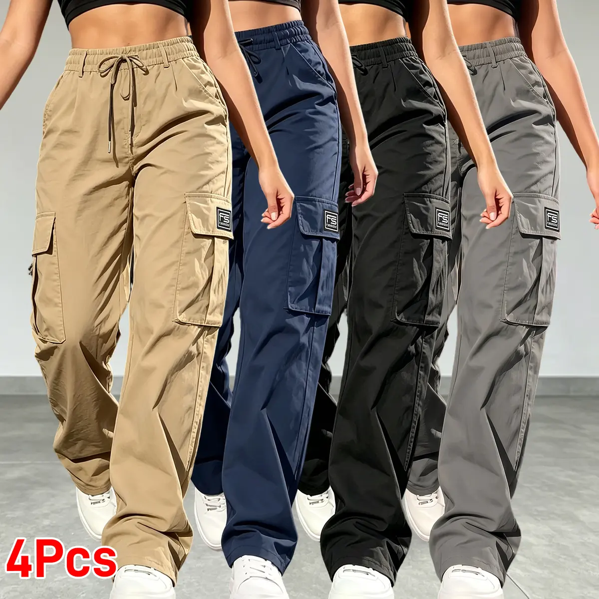 Set of 4 women’s cargo pants: casual, elastic waist, Bohemian minimalist basic women’s pants with pockets; suitable for summer outfits, vacations, and beachwear; sporty casual style; comfortable loose fit; drawstring high-waist casual pants; loose and com