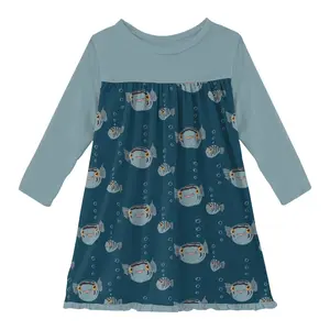 Print Long Sleeve Swing Dress in Peacock Puffer Family