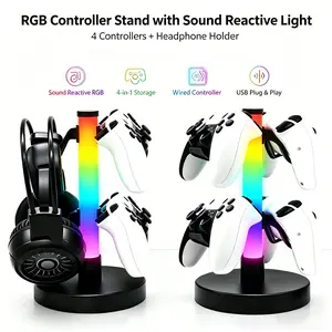 RGB LED Game Controller Holder, 4-Port Gaming Controller & Headphone Stand with Dynamic Light Effect, Multi-Device Storage Rack for PS5, PS4, Xbox, Switch Controllers, Gaming Accessories for Desk, Bedroom & Gaming Room