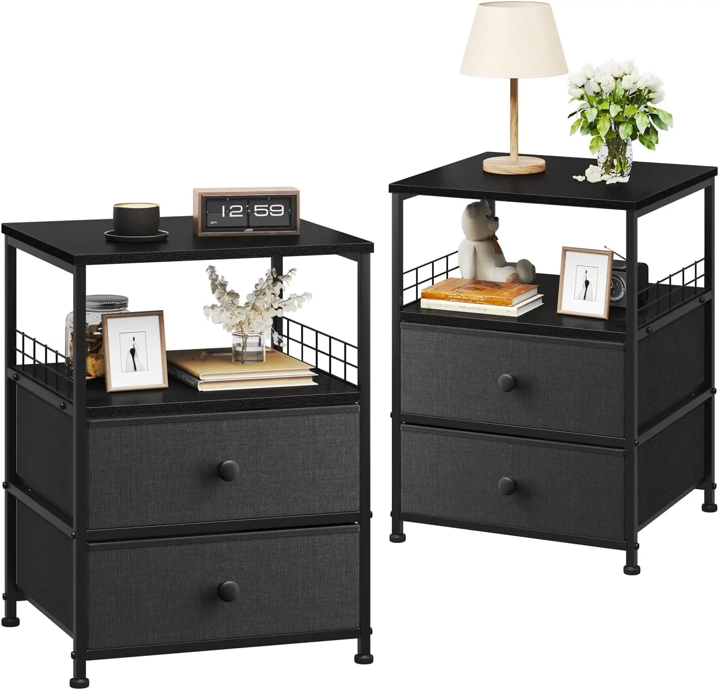 [2in1 Pack] Nightstand Set of 2 with Drawers and Shelf, Modern Bed Side Table for Bedroom and Dorm, End Table for Living RoomWhite/Dark Gray