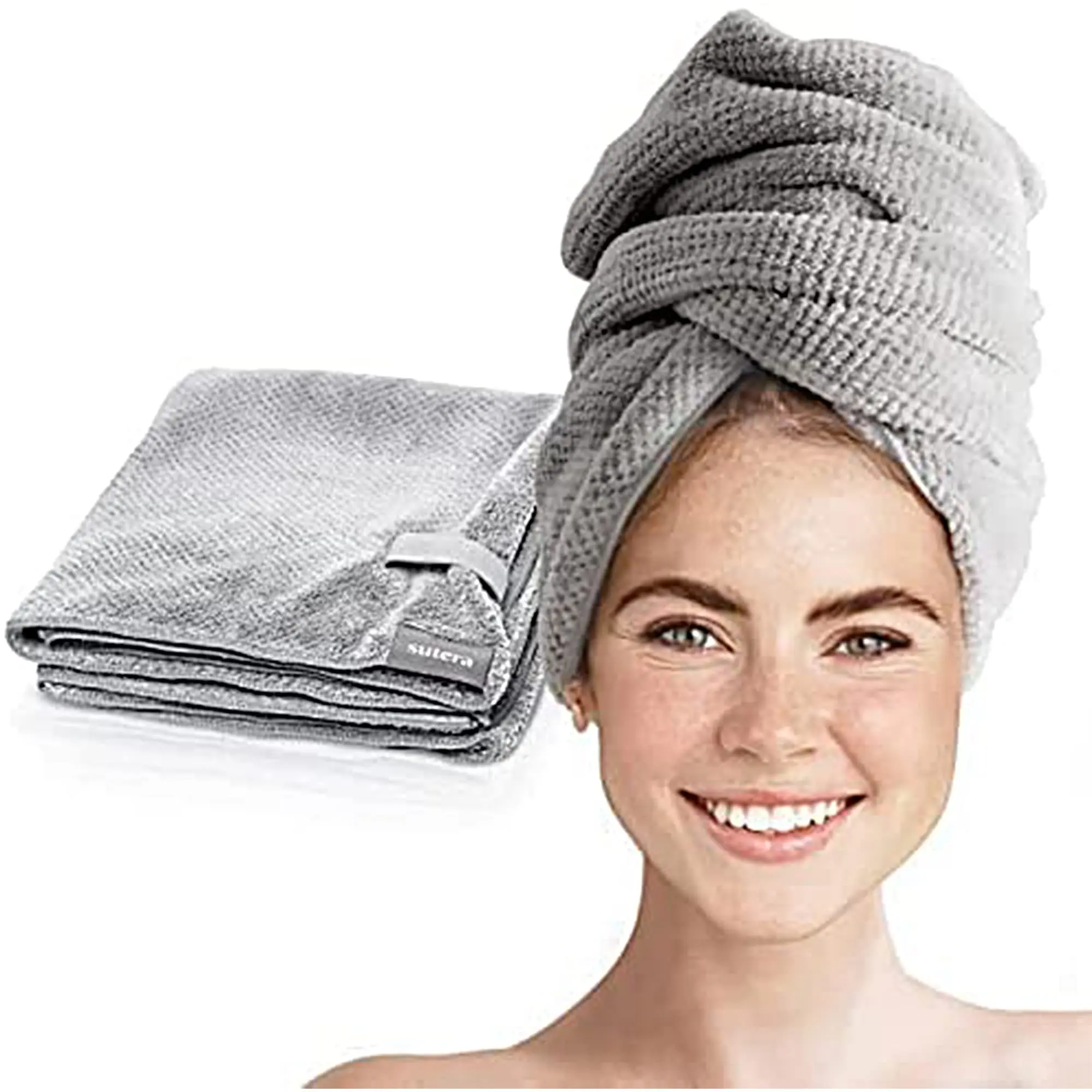 Sutera Silverthread Microfibre Hair Wrap Towel with Strap - Anti-Bacterial, Soft, Lightweight, Quick-Drying, Breathable, Moisture-Wicking Plain Fabric, 1 Size, Machine Washable, Frizz-Control, Overnight Freshness for Healthy Shine
