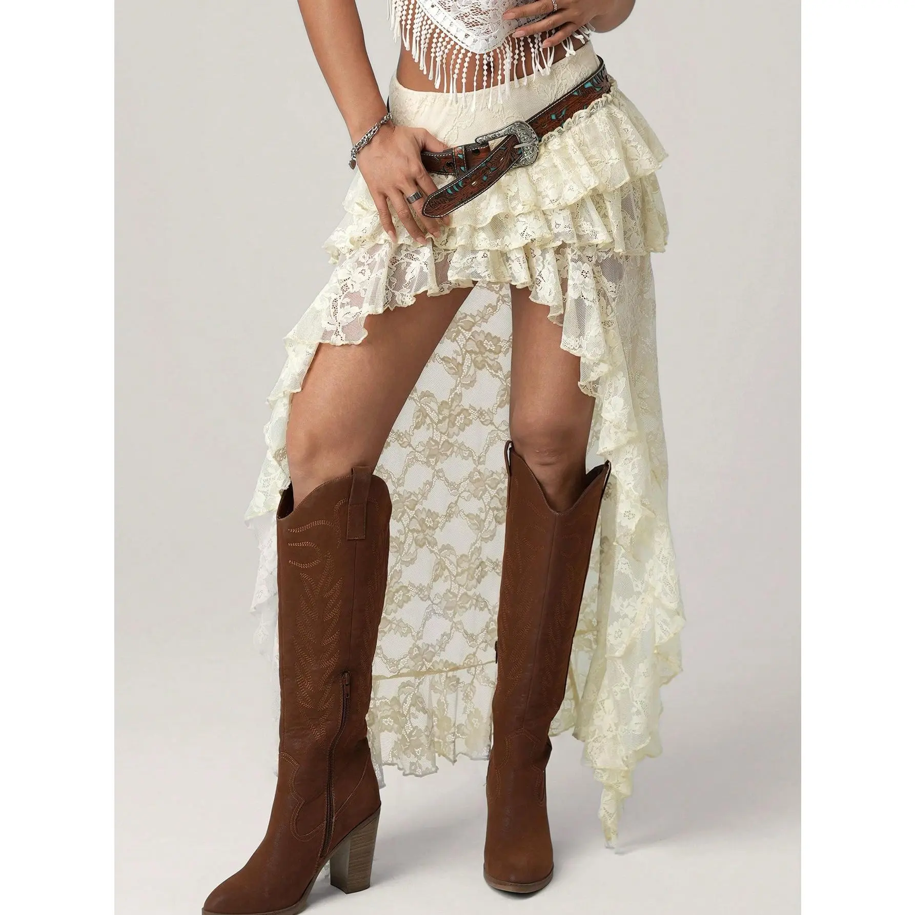 Women´s High-Waisted Ruffled Patchwork Asymmetric Lace Skirt