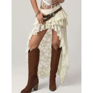Women´s High-Waisted Ruffled Patchwork Asymmetric Lace Skirt